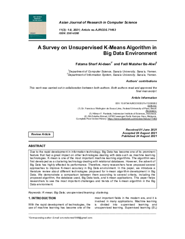 (PDF) A Survey on Unsupervised K-Means Algorithm in Big Data Environment