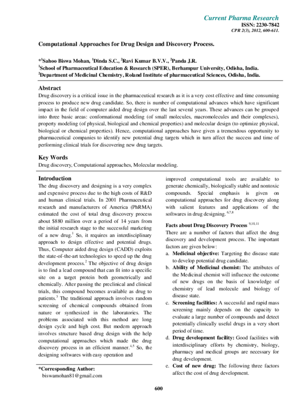 (PDF) Computational Approaches for Drug Design and Discovery Process ...