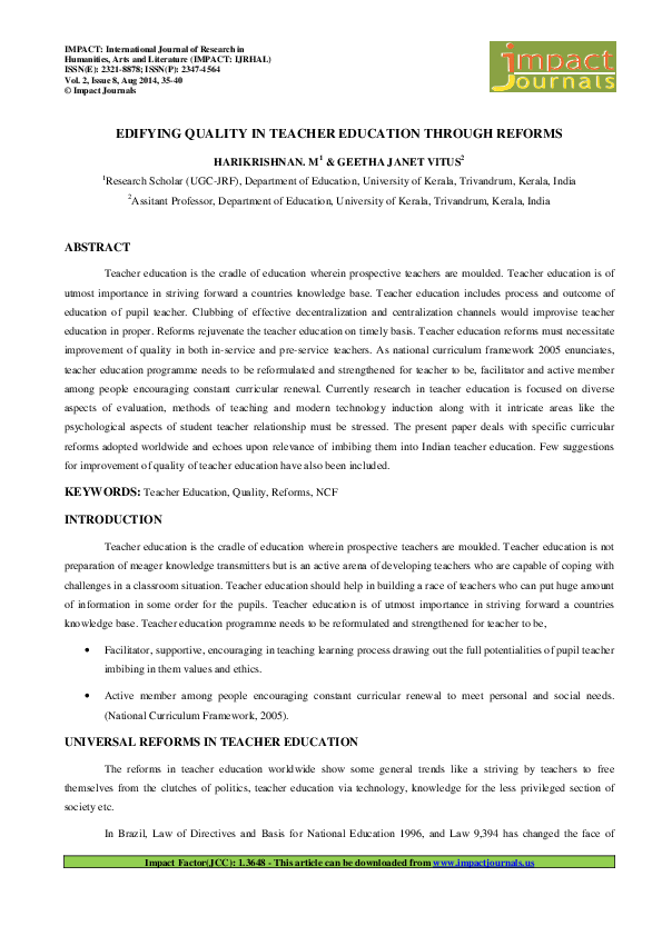 (PDF) EDIFYING QUALITY IN TEACHER EDUCATION THROUGH REFORMS