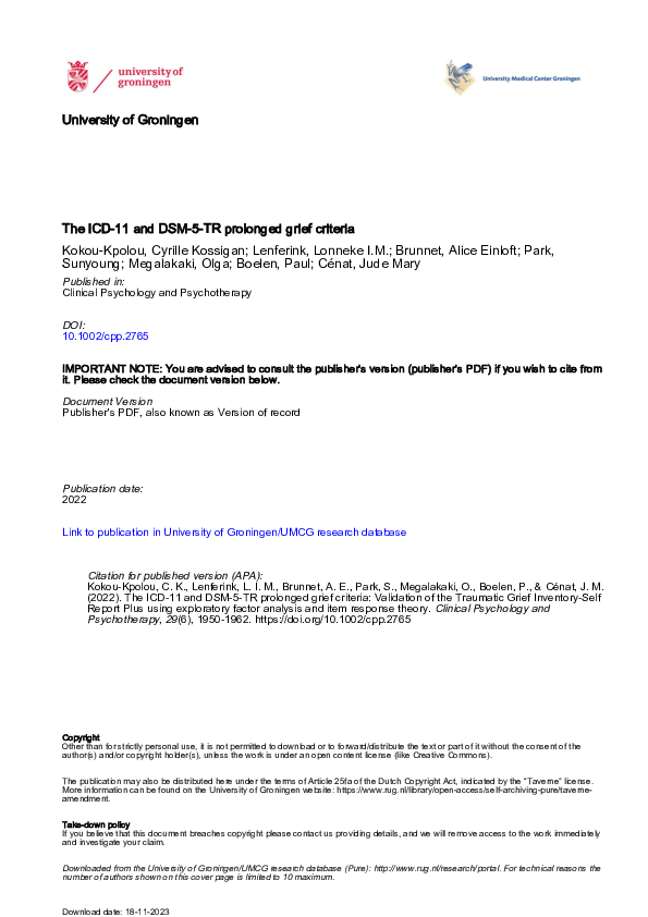 (PDF) The ICD‐11 and DSM‐5‐TR prolonged grief criteria: Validation of ...