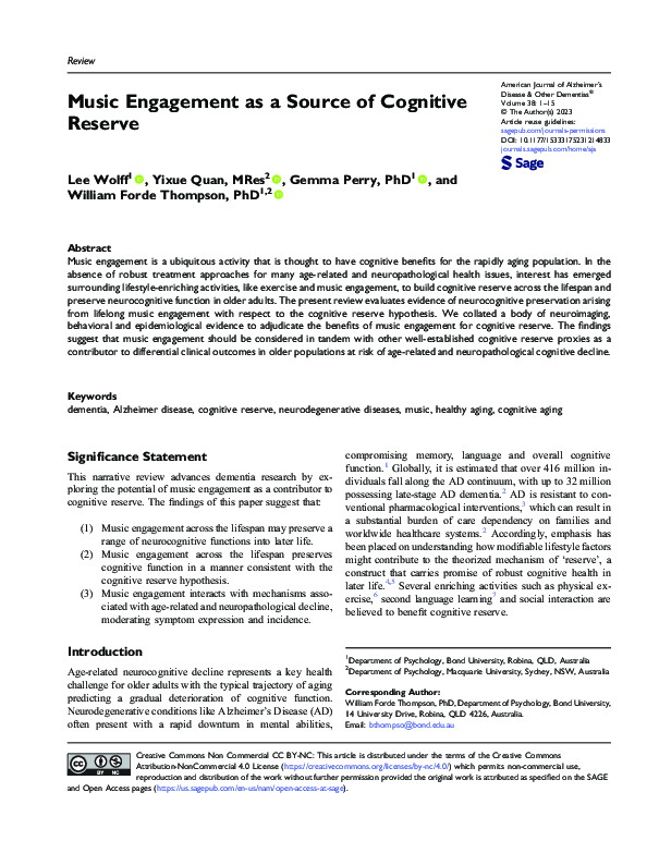 (PDF) Music Engagement as a Source of Cognitive Reserve