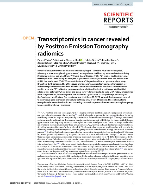 (PDF) Transcriptomics in cancer revealed by Positron Emission ...