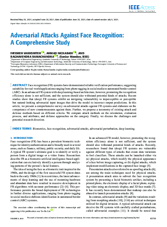 (PDF) Adversarial Attacks Against Face Recognition: A Comprehensive Study