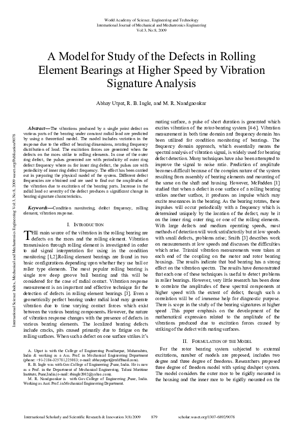(PDF) A Model for Study of the Defects in Rolling Element Bearings at ...