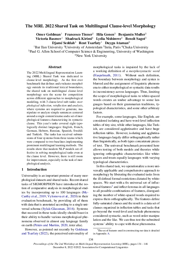 (PDF) The MRL 2022 Shared Task on Multilingual Clause-level Morphology