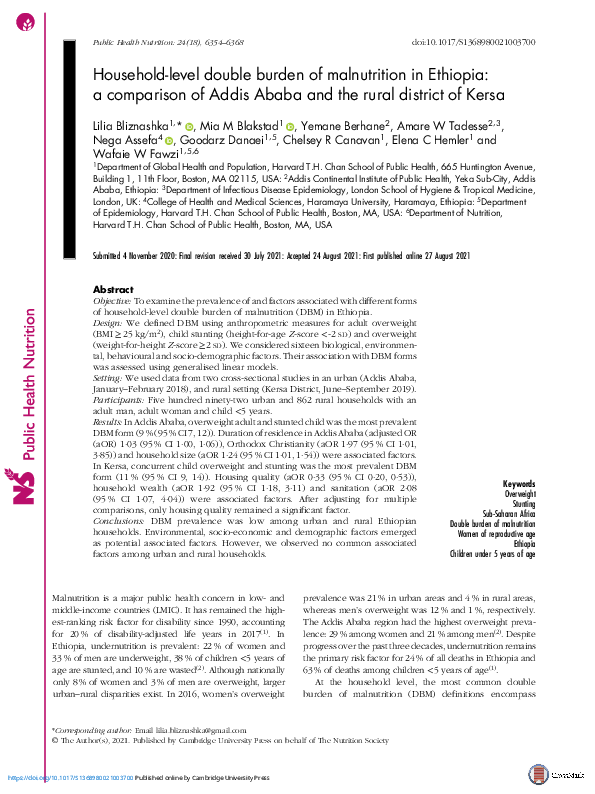 (PDF) Household-level double burden of malnutrition in Ethiopia: a ...