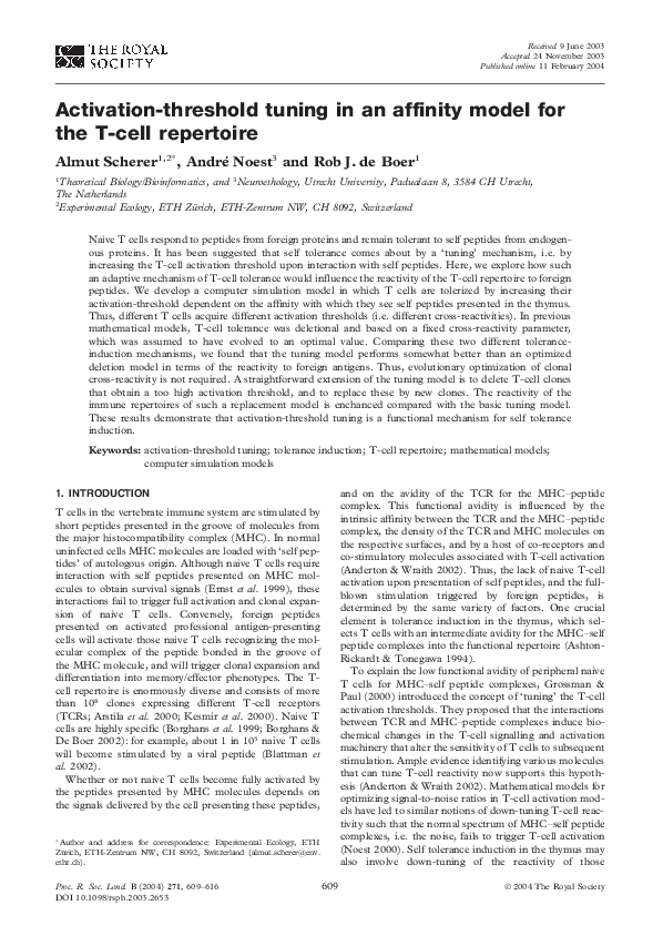 (PDF) Activation–threshold tuning in an affinity model for the T–cell ...