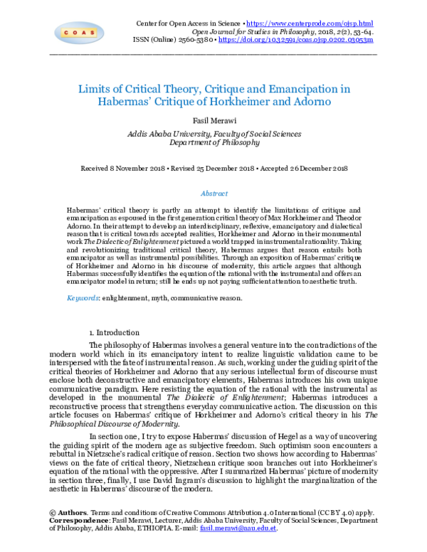 (PDF) Adorno contra Habermas The Claims of Critical Theory as Immanent