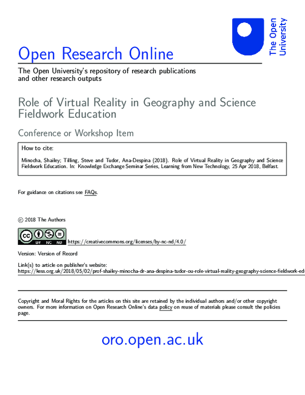 (PDF) Role of Virtual Reality in Geography and Science Fieldwork Education