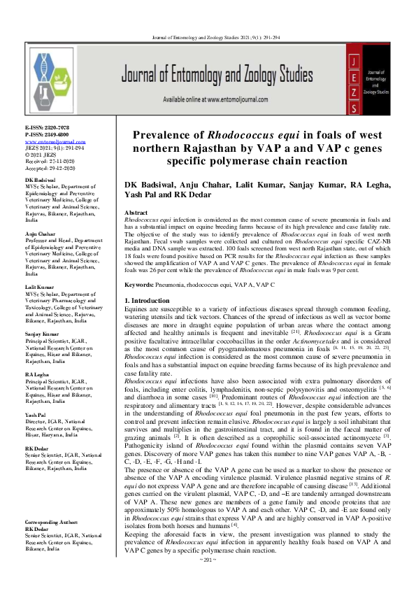 PDF) Prevalence of Rhodococcus equi in foals of west northern Rajasthan by  VAP a and VAP c genes specific polymerase chain reaction