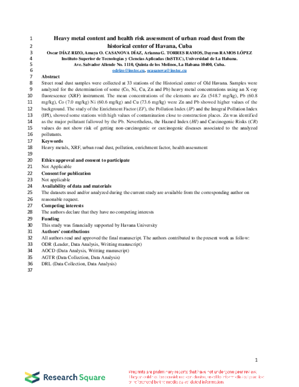(PDF) Heavy Metal Content and Health Risk Assessment of Urban Road Dust ...