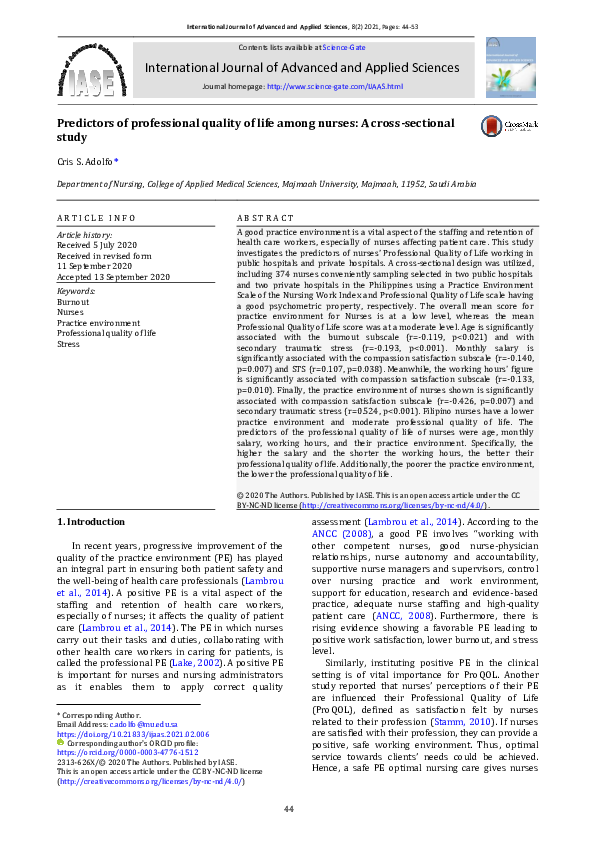 (PDF) Predictors of professional quality of life among nurses–A cross ...