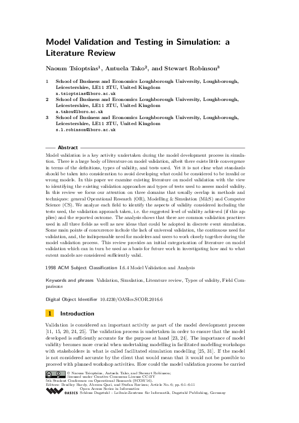 (PDF) Model validation and testing in simulation: a literature review