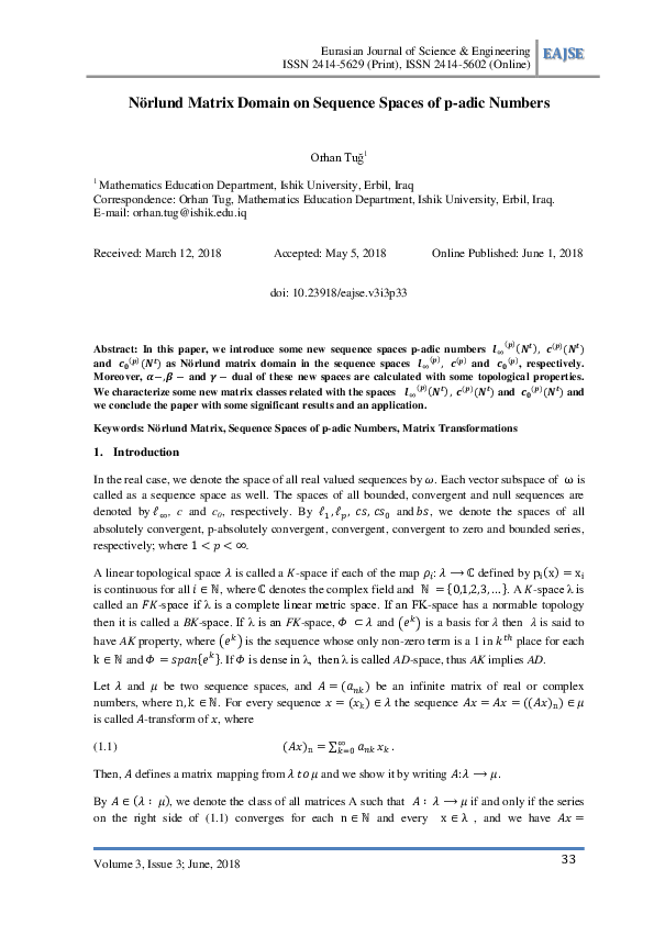 (PDF) Nörlund Matrix Domain on Sequence Spaces of p-adic Numbers