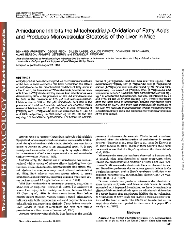 Amiodarone inhibits the mitochondrial beta-oxidation of fatty acids and produces microvesicular steatosis of the liver in mice