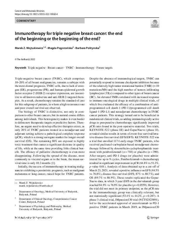 (PDF) Immunotherapy for triple negative breast cancer: the end of the ...