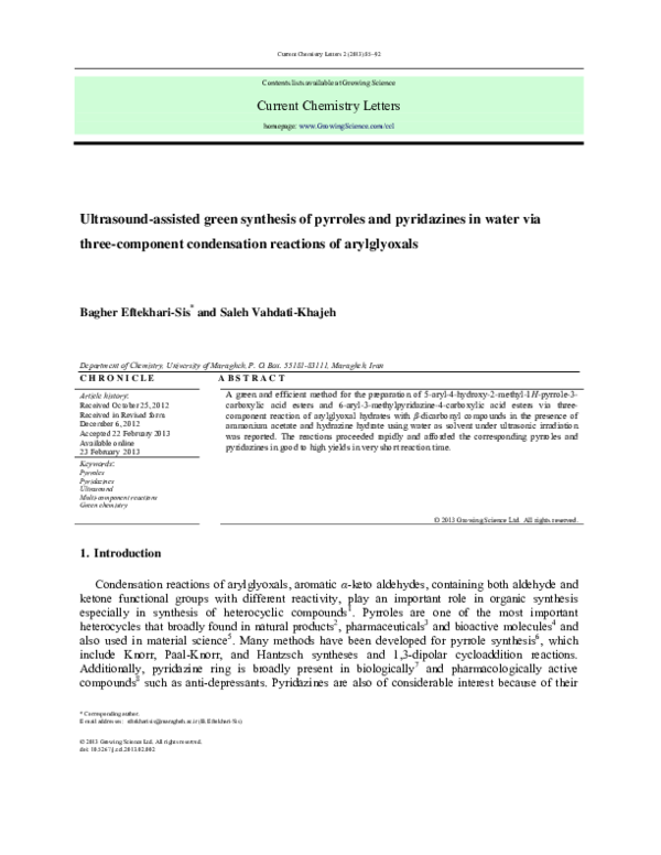 (PDF) Ultrasound-assisted green synthesis of pyrroles and pyridazines ...