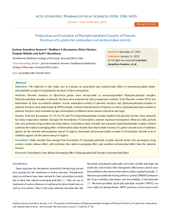 (PDF) Preparation and Evaluation of Phytophospholipid Complex of ...