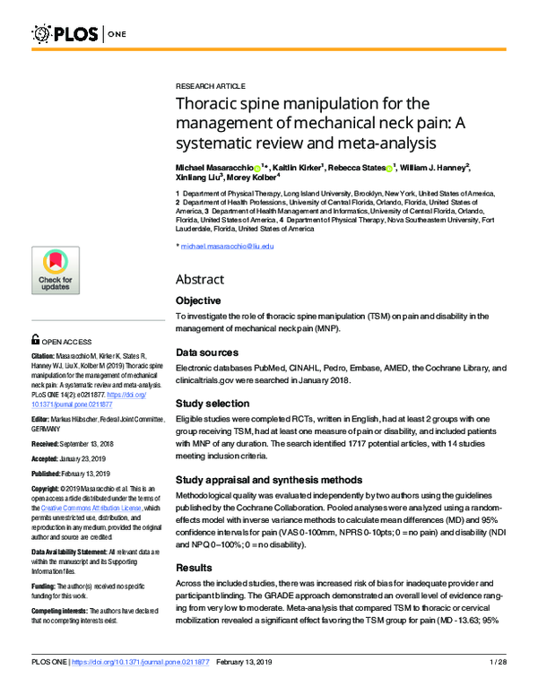 (PDF) Thoracic spine manipulation for the management of mechanical neck