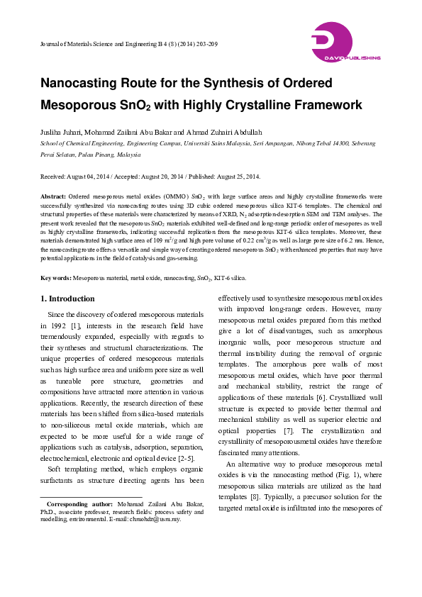 (PDF) Nanocasting Route for the Synthesis of Ordered Mesoporous SnO2 ...