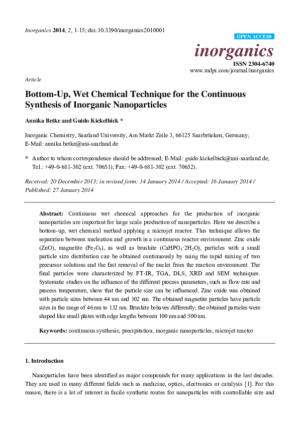 (PDF) Article Bottom-Up, Wet Chemical Technique for the Continuous ...