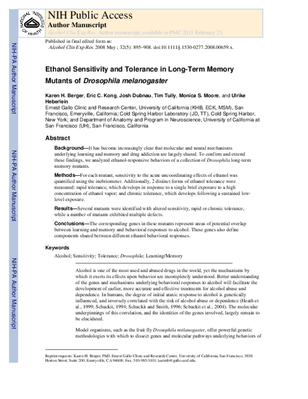 (PDF) Ethanol Sensitivity and Tolerance in Long-Term Memory Mutants of ...
