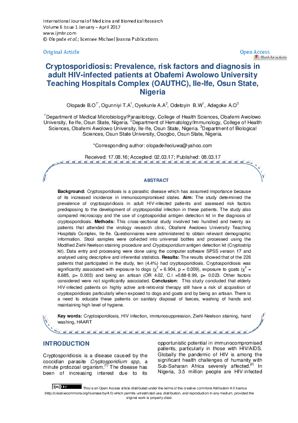 (PDF) Cryptosporidiosis: Prevalence, risk factors and diagnosis in ...