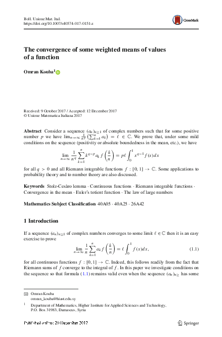 (PDF) The convergence of some weighted means of values of a function