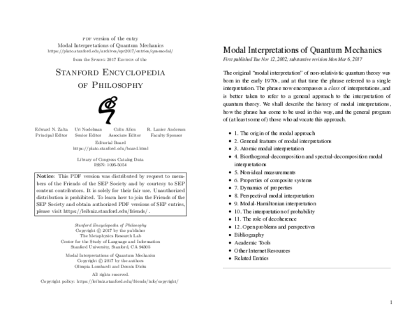 (PDF) Modal Interpretations of Quantum Mechanics