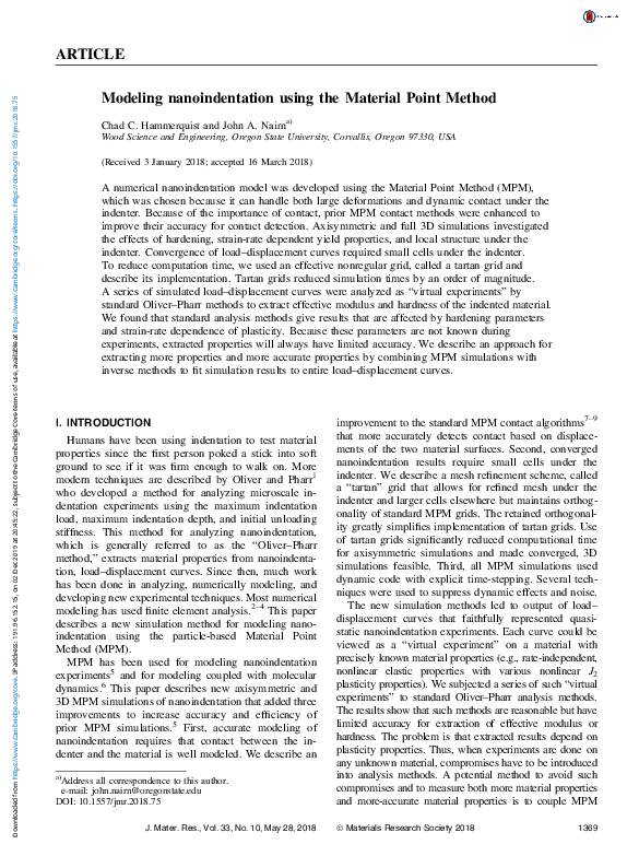 (PDF) Modeling nanoindentation using the Material Point Method