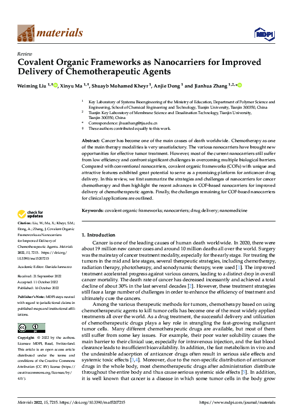 (PDF) Covalent Organic Frameworks as Nanocarriers for Improved Delivery ...