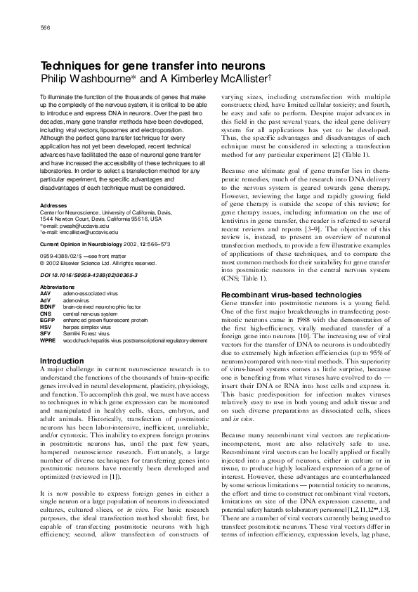 (PDF) Techniques for gene transfer into neurons