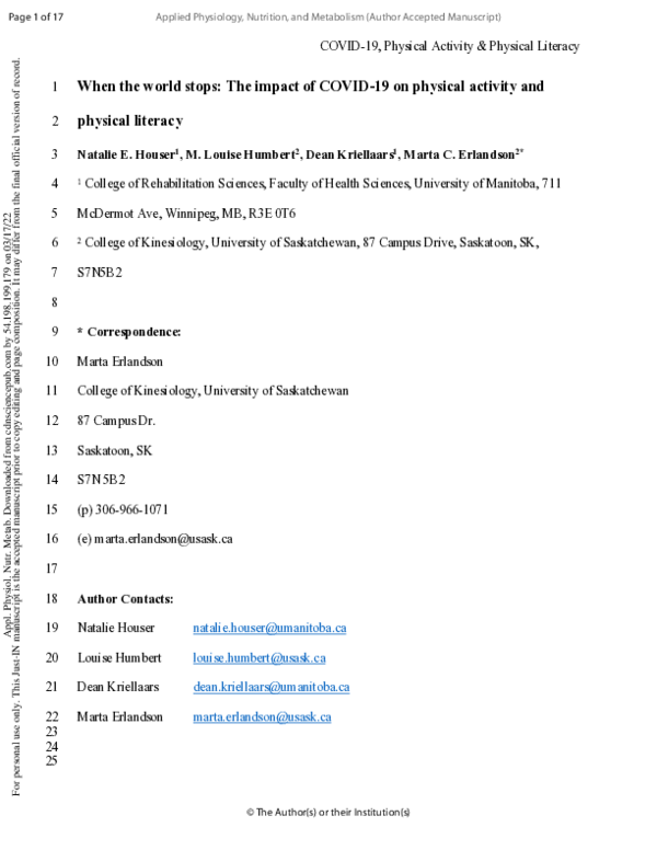 (PDF) When the world stops: The impact of COVID-19 on physical activity ...