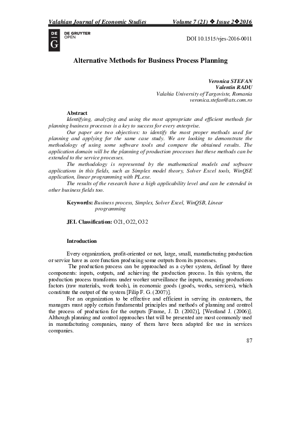 (PDF) Alternative Methods for Business Process Planning
