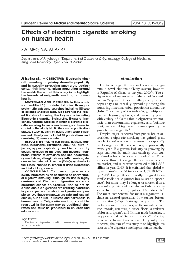 (PDF) Effects of electronic cigarette smoking on human health