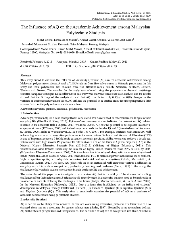 (PDF) The Influence of AQ on the Academic Achievement among Malaysian ...