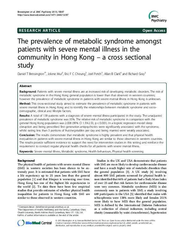 (PDF) The prevalence of metabolic syndrome amongst patients with severe ...