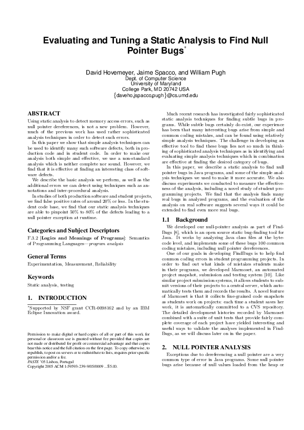 (PDF) Evaluating and tuning a static analysis to find null pointer bugs