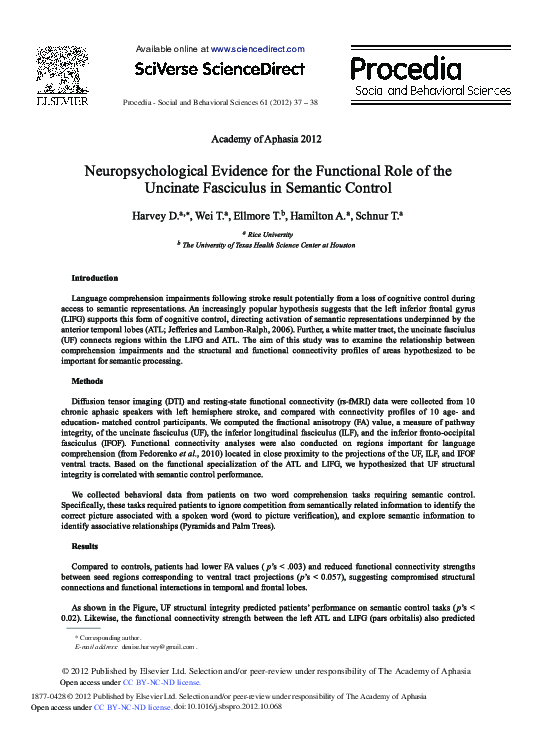 (PDF) Neuropsychological Evidence for the Functional Role of the ...