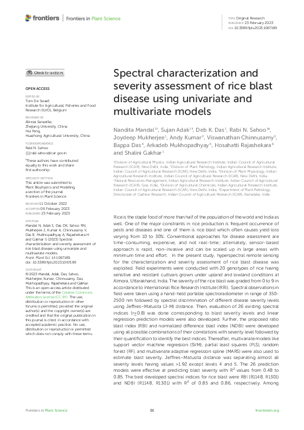 (PDF) Spectral characterization and severity assessment of rice blast ...
