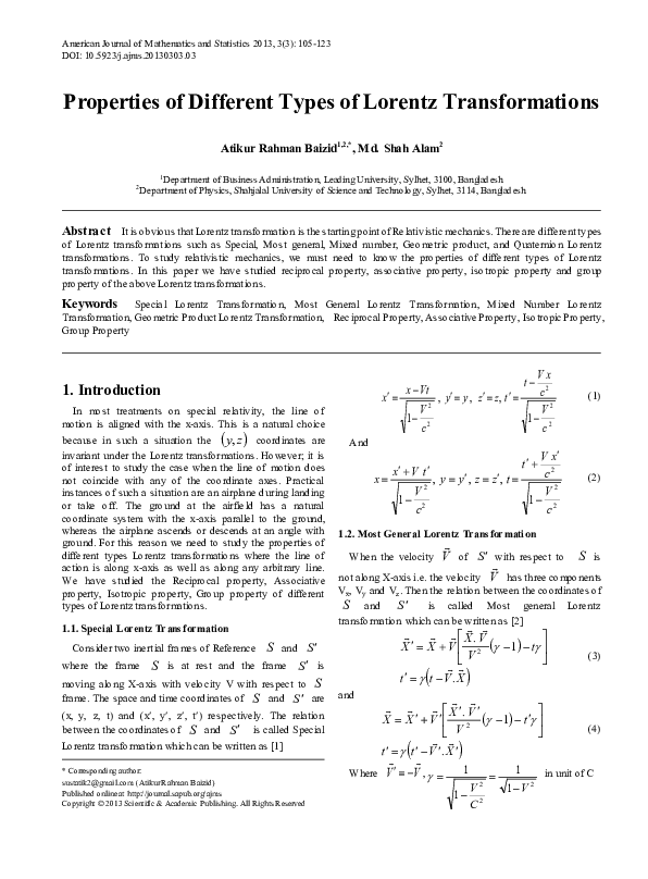 (PDF) Properties of different types of Lorentz transformations