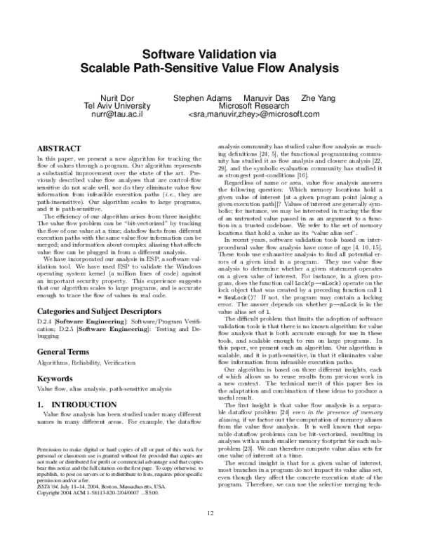 (PDF) Software validation via scalable path-sensitive value flow analysis
