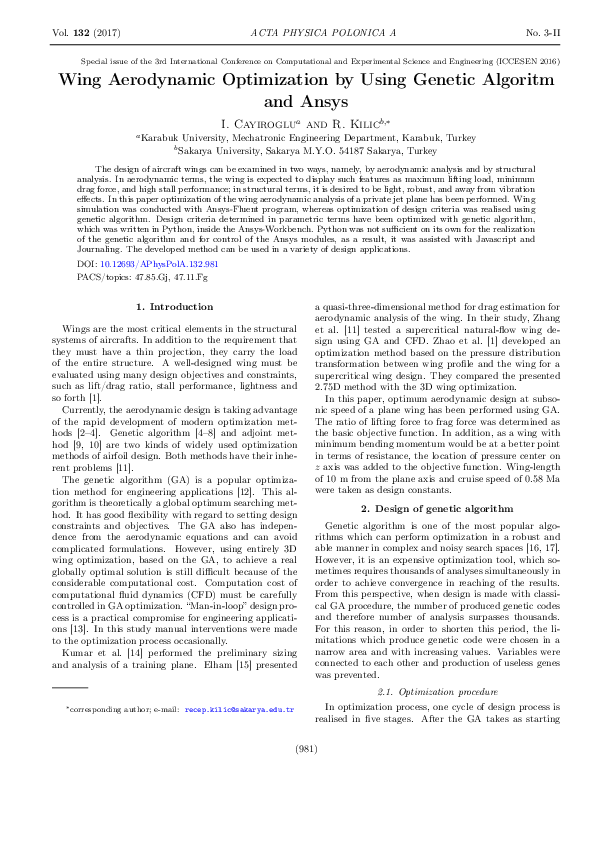 (PDF) Wing Aerodynamic Optimization by Using Genetic Algoritm and Ansys