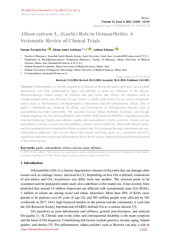 (PDF) Allium sativum L. (Garlic) Role in Osteoarthritis A Systematic