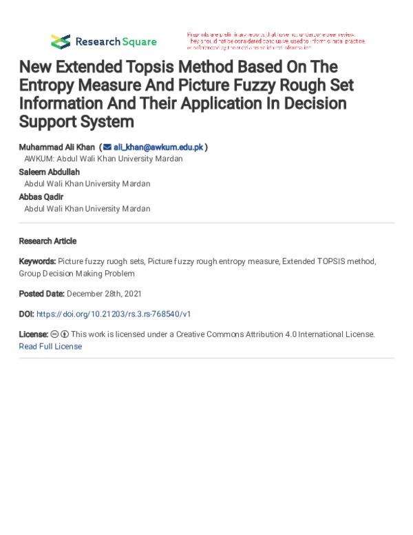 (PDF) New Extended Topsis Method Based On The Entropy Measure And ...