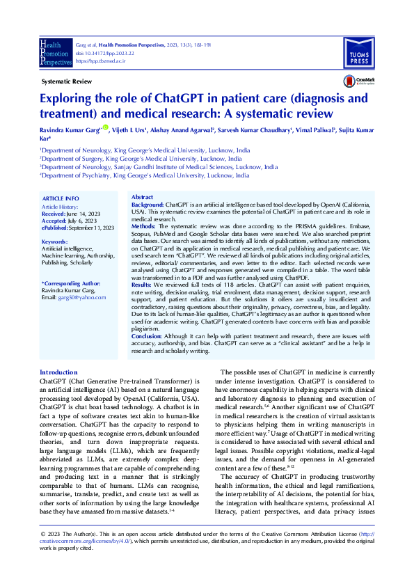 (PDF) Exploring the role of ChatGPT in patient care (diagnosis and ...