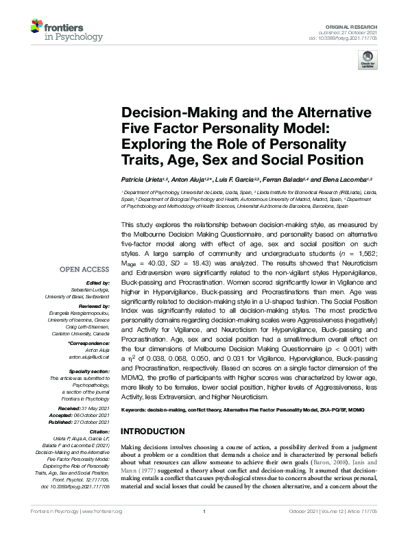 (PDF) Decision-Making and the Alternative Five Factor Personality Model ...