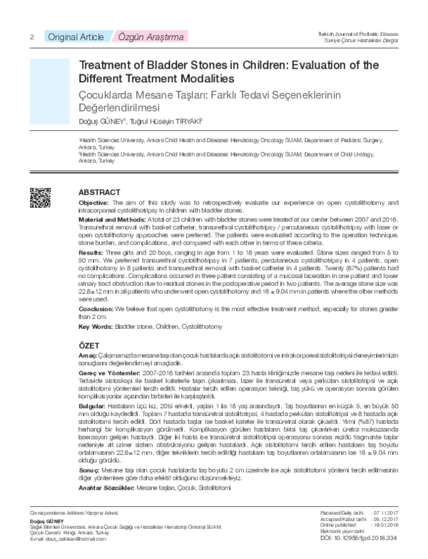 (PDF) Treatment of Bladder Stones in Children: Evaluation of the ...
