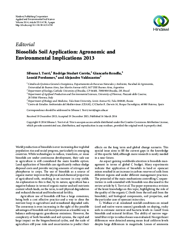 (PDF) Biosolids Soil Application: Agronomic and Environmental ...