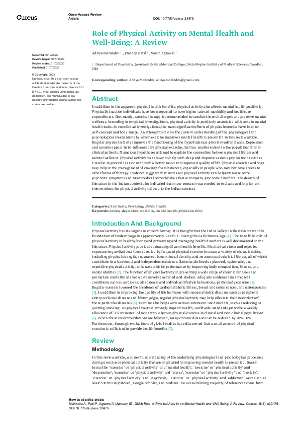 (PDF) Role of Physical Activity on Mental Health and Well-Being: A Review